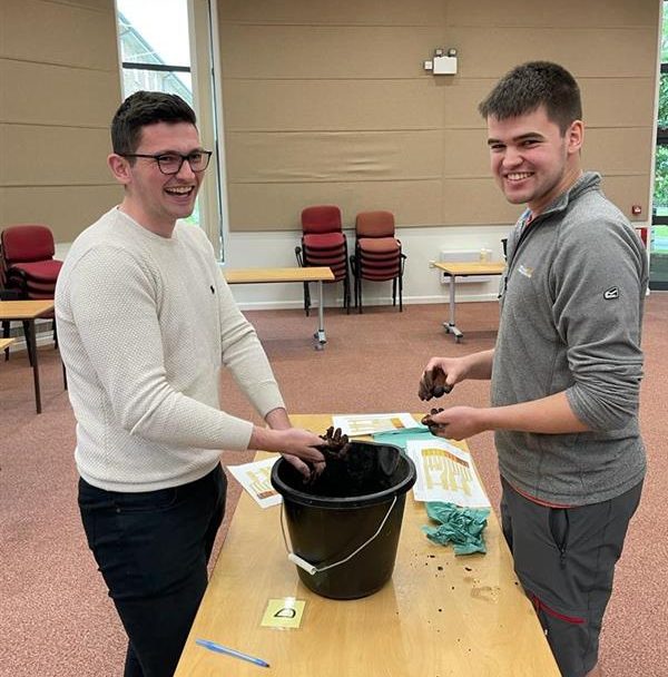Soils practical session: Kyle (left) and James (right) identifying soil types